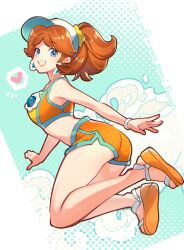 1girl ass bikini bikini_shorts blue_eyes brown_hair earrings flower_earrings hat highres jewelry mario_(series) mario_kart mario_kart_world nintendo orange_sandals ponytail princess_daisy princess_daisy_(swimwear)_(mario_kart_world) rakugakifuyu sandals shorts smile solo sports_bikini sports_bra swimsuit