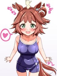 1girl absurdres ahoge animal_ears blush breasts brown_hair collarbone commentary_request ear_wiggle green_eyes hair_between_eyes hair_ornament heart highres horse_ears horse_girl medium_breasts open_mouth rhein_kraft_(umamusume) school_swimsuit seraphyfether simple_background spoken_heart swimsuit tail tail_wagging umamusume white_background