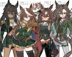 6+girls :d absurdres animal_ears ascot belt black_hair black_shirt black_thighhighs blue_eyes blush brown_belt brown_hair brown_tail character_name choker closed_mouth commentary cowboy_shot crying dark-skinned_female dark_skin ear_ornament ear_piercing earrings epaulettes frilled_skirt frills fringe_trim furrowed_brow gloves gold_trim green_eyes green_jacket green_shorts hand_up happy_tears heart highres horse_ears horse_girl horse_tail jacket jewelry kumo_(mokumoku_warabi) long_hair long_sleeves lovestruck midriff_peek multicolored_hair multiple_girls necklace o-ring o-ring_belt open_clothes open_jacket open_mouth pants parted_bangs parted_lips peanut_mouth piercing pink_eyes ponytail red_eyes shirt shorts simple_background sirius_symboli_(umamusume) skirt smile speed_symboli_(umamusume) standing streaked_hair streaming_tears symboli_family_(umamusume) symboli_kris_s_(umamusume) symboli_rudolf_(umamusume) tail tears thighhighs tokai_teio_(umamusume) tsurime tsurumaru_tsuyoshi_(umamusume) umamusume v-shaped_eyebrows white_background white_hair white_pants