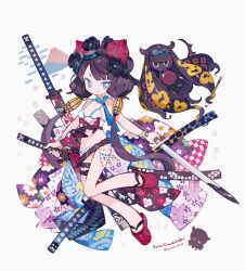 1girl :q absurdres bikini blue_eyes bracelet bright_pupils commentary copyright_name creature deformed fate/grand_order fate_(series) floral_print hair_ornament hashtag-only_commentary highres holding holding_sword holding_weapon japanese_clothes jewelry kanae_(cookie) katana katsushika_hokusai_(fate) katsushika_hokusai_(swimsuit_saber)_(fate) long_hair looking_at_viewer plum_blossom_print purple_hair simple_background solo swimsuit sword tokitarou_(fate) tongue tongue_out twitter_username very_long_hair weapon white_background white_bikini
