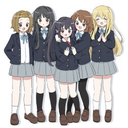 5girls akiyama_mio black_eyes black_hair black_jacket black_socks blazer blonde_hair blue_bow blue_bowtie blush bow bowtie brown_hair brown_shoes cha_(ntrikti) closed_eyes grey_skirt happy highres hirasawa_yui jacket k-on! kneehighs kotobuki_tsumugi long_hair multiple_girls nakano_azusa pleated_skirt sakuragaoka_high_school_uniform school_uniform shoes short_hair skirt socks tainaka_ritsu white_background white_socks