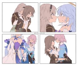 4girls aqua_dress aqua_eyes artist_name bare_shoulders belt black_choker black_coat black_gloves black_hairband black_jacket black_thighhighs blue_choker blue_dress blue_eyes blue_hair blue_jacket blue_skirt blush border brown_belt buttons camera carrying carrying_person choker closed_mouth coat collarbone collared_shirt commentary detached_sleeves dress english_commentary faceless feathered_wings firefly_(honkai:_star_rail) flower_ornament gem gloves grey_hair hair_between_eyes hairband halo hand_on_another&#039;s_shoulder hand_up head_wings holding_hands honkai:_star_rail honkai_(series) jacket jewel_under_eye korshokor long_hair long_sleeves march_7th_(honkai:_star_rail) march_7th_(preservation)_(honkai:_star_rail) multicolored_eyes multiple_girls multiple_views musical_note_ornament nervous no_eyes open_clothes open_coat open_jacket open_mouth pearl_(gemstone) piggyback pink_hair pleated_skirt puffy_long_sleeves puffy_sleeves purple_eyes robin_(honkai:_star_rail) sailor_collar shirt short_hair short_sleeves shy sidelocks simple_background skirt smile star_ornament stelle_(honkai:_star_rail) sweatdrop t-shirt thighhighs tied_jacket trailblazer_(honkai:_star_rail) two-tone_dress white_background white_border white_dress white_gloves white_shirt wings yellow_eyes yuri