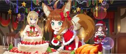 3girls ahoge animal_ear_fluff animal_ears armpit_crease bell black_bow blonde_hair blue_eyes bow braid breasts brown_hair cake capelet chicken_(food) child christmas christmas_ornaments cleavage closed_eyes closed_mouth darkness_(konosuba) detached_sleeves dress drooling fang food fur-trimmed_capelet fur-trimmed_dress fur-trimmed_sleeves fur_choker fur_trim game_cg green_eyes hair_between_eyes hair_bow hair_ornament hair_over_one_eye hat hat_ornament high_ponytail highres holly holly_hat_ornament indoors kono_subarashii_sekai_ni_shukufuku_wo! konosuba!_fantastic_days large_breasts leaning_forward light_blush long_hair long_sleeves looking_at_another looking_at_food matching_outfits medium_hair miia_(konosuba) mini_hat mini_santa_hat multiple_girls official_alternate_costume official_art one_eye_covered open_mouth pom_pom_(clothes) ponytail ponytail_with_braided_base red_bow red_capelet red_dress red_sleeves santa_costume santa_dress santa_hat sidelocks smile sparkle strapless strapless_dress swept_bangs tail wavy_hair wiz_(konosuba) x_hair_ornament