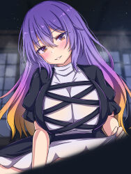 1girl black_dress blonde_hair blush breasts clothes_lift commentary_request commission cowboy_shot cross-laced_clothes cross-laced_top dress dress_lift gradient_hair grin head_tilt highres hijiri_byakuren implied_sex indoors large_breasts long_hair looking_at_viewer multicolored_hair no_panties purple_hair rimasu71 shouji skeb_commission sliding_doors smile solo touhou two-tone_hair very_long_hair white_dress yellow_eyes