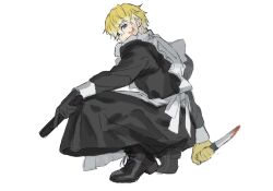 1boy apron black_dress blonde_hair blood blood_on_face closed_mouth commentary crossdressing crossdressing_(mtf) dress full_body gloves gun hair_between_eyes handgun highres holding holding_gun holding_knife holding_weapon humanlynn knife long_sleeves looking_at_viewer maid male_focus male_maid mole mole_on_neck nijisanji nijisanji_en short_hair simple_background solo sonny_brisko squatting virtual_youtuber weapon white_apron white_background yellow_gloves
