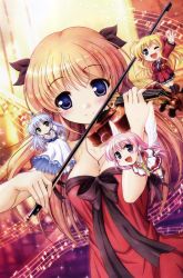 10s 4girls :d ;d absurdres aiyoku_no_eustia august_soft bekkankou black_bow blonde_hair blue_eyes blush bow breasts brown_hair chibi cleavage company_connection creator_connection daitoshokan_no_hitsujikai dress eustia_astraea feena_fam_earthlight fortune_arterial highres instrument jewelry light_purple_hair looking_at_viewer medium_breasts multiple_girls music musical_note necklace one_eye_closed open_mouth pink_hair playing_instrument purple_eyes red_dress school_uniform sendou_erika shirasaki_tsugumi silver_hair smile musical_staff violin white_wings wings wink yoake_mae_yori_ruri_iro_na
