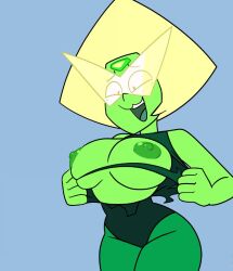 1girl alien blonde_hair breasts cartoon_network colored_nipples colored_skin drpizzaboi1 female_focus flashing green_nipples green_skin grey_eyes large_breasts nipples open_mouth peridot_(steven_universe) smile solo steven_universe torn_clothes