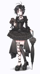 1girl absurdres aburi-gatana alternate_costume antenna_hair black_choker black_dress black_hair black_shoes black_thighhighs black_umbrella choker commentary contrapposto dress frilled_dress frilled_sleeves frills gothic_lolita highres holding holding_stuffed_toy holding_umbrella idolmaster idolmaster_(classic) juliet_sleeves kikuchi_makoto lace lace-trimmed_legwear lace-trimmed_thighhighs lace_choker lace_trim lolita_fashion long_sleeves looking_at_viewer parasol parted_lips puffy_sleeves purple_eyes shoes short_hair simple_background single_thighhigh solo standing stuffed_animal stuffed_toy teddy_bear thighhighs umbrella white_background