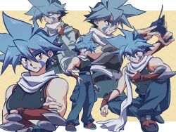 1boy bakuten_shoot_beyblade bare_shoulders belt_buckle beyblade black_shirt blue_hair blue_pants buckle crossed_arms facial_mark full_body highres hiwatari_kai medium_hair multiple_views pants red_eyes scarf shirt sleeveless sleeveless_shirt spiked_hair tkoknmy0321 upper_body white_scarf