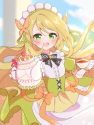Rule 34 | 1girl, apron, black bow, black bowtie, blonde hair, blush, bow, bowtie, butterfly hair ornament, celine (blissful tea party) (fire emblem), celine (fire emblem), cup, dress, elbow gloves, fire emblem, fire emblem engage, fire emblem heroes, gloves, green dress, green ribbon, hair ornament, headdress, highres, holding, holding cup, holding teapot, ikonaska, long hair, maid, maid apron, maid headdress, nintendo, official alternate costume, open mouth, ribbon, smile, solo, teacup, teapot, very long hair, white gloves, yellow dress