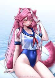 1girl absurdres animal_ears blush breasts highres hololive hololive_english long_hair moovalandi one-piece_swimsuit panther_girl pink_hair raora_panthera school_swimsuit short_sleeves swimsuit tail virtual_youtuber wet wet_clothes wide_hips