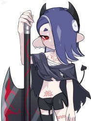 1girl alternate_costume amakusa_setoka axe black_shawl blue_hair body_markings chest_sarashi closed_mouth commentary_request demon_tail earrings eyeshadow hair_over_one_eye highres holding holding_axe jewelry long_hair makeup multiple_earrings navel nintendo octoling pubic_tattoo red_eyes red_eyeshadow sarashi shawl shiver_(splatoon) short_eyebrows simple_background smile solo splatoon_(series) splatoon_3 standing tail tattoo tentacle_hair thick_eyebrows tooth_earrings torn_clothes white_background
