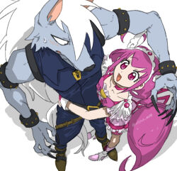 1boy 1girl armlet black_eyes blue_jumpsuit blush body_fur boots claws commentary_request cure_happy dress foreshortening from_above full_body furry furry_male grey_fur hetero hug jewelry jumpsuit long_hair looking_at_another low_twintails ohina_4458 pink_dress pink_eyes pink_hair precure short_dress simple_background sleeveless_jumpsuit smile_precure! standing tail twintails white_background white_hair wolf_boy wolfrun