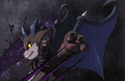Rule 34 | 1other, animal ear fluff, animal ears, black background, black fur, claws, commentary request, debidebi debiru, demon, demon horns, demon wings, fangs, gem, grin, horns, jewelry, looking at viewer, looking to the side, necklace, nijisanji, orizuru, pawpads, scratches, smile, virtual youtuber, wings