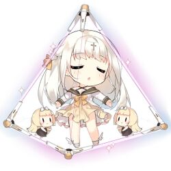 3girls blonde_hair blush blush_stickers braid brown_dress brown_sailor_collar c: chibi closed_eyes criss-cross_halter cross_hair_ornament dress energy_barrier energy_shield fairy_(girls&#039;_frontline) french_braid full_body girls&#039;_frontline hair_ornament hair_ribbon halterneck layered_skirt long_hair long_sleeves multiple_girls neck_ribbon official_art open_mouth outstretched_arms pyramid_(geometry) red_eyes ribbon sailor_collar saru shield_fairy_(girls&#039;_frontline) shirt shoes simple_background skirt smile sparkle third-party_source transparent_background white_hair white_shirt white_shoes white_skirt winged_footwear yellow_ribbon yellow_skirt |_|