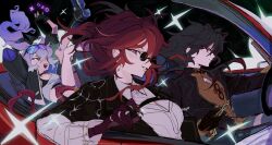 1boy 2girls absurdres black_gloves blade_(honkai:_star_rail) driving gloves highres honkai:_star_rail honkai_(series) kafka_(honkai:_star_rail) legs_up multiple_girls red_hair silver_wolf_(honkai:_star_rail) strayuu vehicle