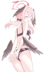 1girl absurdres arms_behind_back bikini black_bikini black_bow black_wings blue_archive bow closed_eyes cowboy_shot embarrassed feathered_wings from_behind hair_bow hair_intakes halo head_wings highres koharu_(blue_archive) koharu_(swimsuit)_(blue_archive) loli long_hair low_twintails official_alternate_costume open_mouth pink_hair red_halo sidelocks simple_background solo swimsuit twintails white_background wings yagen_(user_mxur3238)
