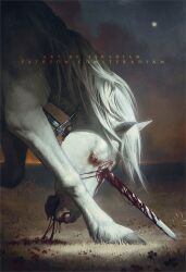 blood bloodshot_eyes fire highres horse long_hair moon no_humans original outdoors patreon_username sky solo sword teradiam weapon white_hair