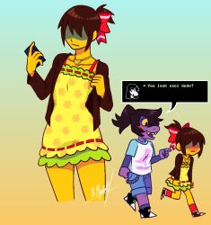 Rule 34 | 1girl, 1other, alternate costume, alternate hairstyle, blue shorts, blush, bow, brown cardigan, brown hair, cardigan, clenched hand, collarbone, colored sclera, colored skin, colored teeth, crossdressing, deltarune, dialogue box, dress, expressionless, eyes in shadow, floral print, floral print dress, frilled dress, frills, gold necklace, hair bow, hair over eyes, hair over one eye, hand up, heart, heart necklace, high ponytail, holding, holding phone, jewelry, kris (deltarune), kristiankyoki, layered sleeves, long sleeves, necklace, open mouth, other focus, phone, ponytail, print dress, purple skin, purple sleeves, red bow, red socks, reptile girl, sharp teeth, shirt, short dress, short hair, short over long sleeves, short sleeves, shorts, sleeveless, sleeveless dress, socks, speech bubble, susie (deltarune), t-shirt, teeth, tomboy, walking, yellow dress, yellow sclera, yellow skin, yellow teeth