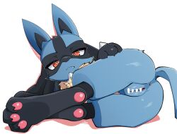 1girl animal_ears anus ass bar_censor blue_fur censored closed_mouth commentary_request fang fang_out full_body furry furry_female gen_4_pokemon highres lolobox looking_at_viewer lucario nintendo pokemon pokemon_(creature) pussy red_eyes simple_background solo tail white_background wolf_ears wolf_girl wolf_tail