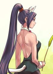 1girl alternate_costume animal_ear_hairband animal_ears back black_leotard black_pantyhose bow bowtie breasts cat_ear_hairband cat_ears cat_girl cat_tail cat_teaser commentary_request detached_collar dragon_quest dragon_quest_xi fake_animal_ears fang fishnet_pantyhose fishnets from_behind gradient_background hairband high_ponytail highres holding_cat_teaser leotard looking_at_viewer looking_back looking_to_the_side martina_(dq11) medium_breasts nontraditional_playboy_bunny pantyhose pekuchin_(pekuchin_3) pink_bow pink_bowtie ponytail purple_eyes purple_hair slit_pupils smirk solo strapless strapless_leotard tail upper_body white_background white_hairband white_tail wrist_cuffs yellow_background