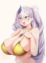 1girl aqua_eyes artist_name bare_arms bare_shoulders bikini braid braided_bangs breasts cleavage collarbone earrings feather_hair_ornament feathers from_side gold_bikini gradient_background grey_hair hair_behind_ear hair_ornament hands_on_own_chest hands_up high_ponytail highres hololive hololive_indonesia huge_breasts jewelry long_hair myumi navel necklace open_mouth pavolia_reine ponytail sideboob smile solo stomach swept_bangs swimsuit twitter_username upper_body very_long_hair virtual_youtuber yellow_background