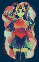 1girl arm_up brown_hair cowboy_shot cross fate/stay_night fate_(series) hair_ribbon hand_on_own_head long_hair parted_bangs pleated_skirt red_sweater ribbon sharp911 skirt smile solo sweater thighhighs tohsaka_rin turtleneck two_side_up