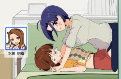 3girls ahoge akizuki_ritsuko all_fours antenna_hair blue_hair blue_pants blunt_bangs blush breasts brown_hair character_name couch empty_eyes forehead from_side glasses grey_shirt hair_ribbon idolmaster idolmaster_(classic) idolmaster_million_live! idolmaster_million_live!_theater_days indoors interlocked_fingers large_breasts long_hair looking_at_viewer lying merukyara midriff minase_iori miura_azusa multiple_girls office on_back on_couch open_mouth pants pink_eyes red_eyes red_skirt ribbon shirt short_hair short_sleeves sidelocks single_sidelock skirt sweatdrop swept_bangs turn_pale yuri