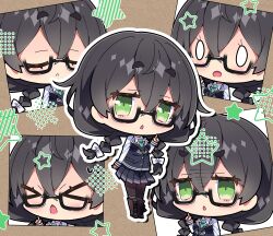 &gt;_&lt; 0_0 1girl :&lt; :o black_hair black_pantyhose blue_jacket blue_skirt blush boots bow braid brown_background brown_boots chibi chibi_only closed_eyes closed_mouth collared_shirt commentary full_body glasses green_eyes green_necktie hair_bow hanakuma_chifuyu hand_up highres index_finger_raised jacket lace-up_boots long_hair looking_at_viewer milkpanda multiple_views necktie open_mouth outline pantyhose pleated_skirt semi-rimless_eyewear shirt skirt standing star_(symbol) synthesizer_v thick_eyebrows twin_braids under-rim_eyewear white_bow white_outline white_shirt