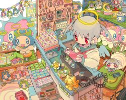 1girl artist_name banana calendar_(object) cash_register cellphone chair character_request charm_(object) copyright_request cup doll food fruit grey_hair halo handheld_game_console highres holding loaded_interior mug phone red_eyes rinihimme school_uniform shop smartphone snow_globe solo stuffed_toy toy_packaging twintails wings