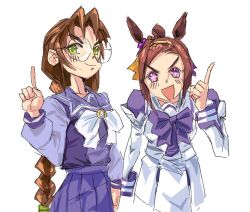 animal_ears bow braid brown_hair cosplay costume_switch flower_in_eye glasses green_eyes hair_intakes hakuryou_high_school_uniform hand_up horse_ears horse_girl horseshoe_ornament index_finger_raised juliet_sleeves long_hair long_sleeves looking_at_viewer moddeang muv-luv pink_eyes pleated_skirt pointing puffy_sleeves purple_bow purple_serafuku purple_shirt purple_skirt round_eyewear sailor_collar sailor_shirt sakaki_chizuru sakura_bakushin_o_(umamusume) school_uniform serafuku shirt skirt smile symbol_in_eye tracen_school_uniform trait_connection twin_braids umamusume very_long_hair white_skirt
