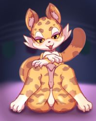 1girl ass bare_shoulders blush cameltoe clawroline claws colored_sclera come_hither furry highres kirby_(series) kirby_and_the_forgotten_land leopard_girl looking_at_viewer mohurin naughty_face nintendo purple_eyes shiny_skin sitting smile solo tail thick_thighs thighs tongue tongue_out yellow_sclera