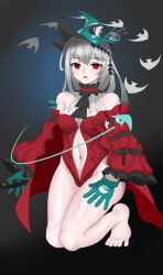 Rule 34 | 1girl, absurdres, aqua gloves, arknights, bare legs, bare shoulders, barefoot, cape, closed mouth, clothing cutout, collarbone, feet, female focus, full body, gloves, hat, highres, kneeling, leotard, long sleeves, looking at viewer, navel, navel cutout, red cape, red eyes, red leotard, red lips, skadi (arknights), skadi the corrupting heart (arknights), solo, thighs, toes, witch hat, ylcken