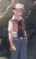 1boy ako_(hoshiya_830) belt belt_buckle black_belt black_hair black_shirt buckle closed_mouth hair_between_eyes hand_on_own_hip hat highres holding holding_poke_ball jacket looking_at_viewer male_focus nintendo open_clothes open_jacket pants poke_ball poke_ball_(basic) pokemon pokemon_rgby red_(pokemon) red_hat shadow shirt short_hair signature solo