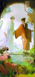 2boys black_eyes black_hair bug butterfly chinese_clothes chinese_commentary closed_eyes closed_mouth coin coin_sword dao_gui_yi_xian day flower folded_fan folding_fan full_body grass hair_bun hair_ribbon hand_fan hanfu hat highres holding holding_fan holding_hands holed_coin insect lantern li_huowang long_sleeves looking_at_another lotus male_focus multiple_boys nature outdoors paper_lantern pink_flower plant profile red_hanfu red_ribbon ribbon robe rock sash single_hair_bun smile standing sword sword_on_back tree tuanquezi updo walking water weapon weapon_on_back white_hanfu white_hat wide_sleeves yaoi zhuge_yuan