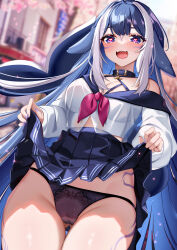 1girl :d bare_shoulders black_panties blue_choker blue_hair blue_skirt blurry blurry_background cameltoe choker commentary cowboy_shot english_commentary groin heart heart-shaped_pupils highres indie_virtual_youtuber long_sleeves looking_at_viewer miniskirt multicolored_hair nail_polish off_shoulder open_mouth panties pleated_skirt purple_eyes purple_nails shirt shylily skirt smile solo squchan standing symbol-shaped_pupils thighs underwear virtual_youtuber white_hair white_shirt