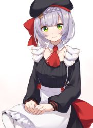 1girl apron black_dress black_hat bow braid closed_mouth collarbone commentary_request detached_collar dress employee_uniform fast_food_uniform genshin_impact green_eyes grey_hair hair_between_eyes hair_bow hat kfc long_sleeves looking_at_viewer necktie nemu_mohu noelle_(genshin_impact) noelle_(kfc)_(genshin_impact) official_alternate_costume red_bow red_necktie short_hair simple_background smile solo waist_apron white_apron white_background
