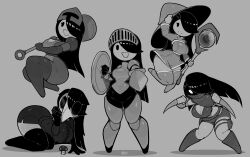 1girl absurdres armor artist_name black_eyes black_hair breasts cleavage commentary cream_(movail2) curvy dual_wielding english_commentary eyes_visible_through_hair grey_background hat highres holding holding_shield holding_staff holding_sword holding_weapon long_hair looking_at_viewer monochrome movail2 multiple_views mushroom narrow_waist open_mouth original plague_doctor_mask pouch shield simple_background smile staff sword thick_thighs thigh_pouch thigh_strap thighhighs thighs weapon wide_hips witch_hat zettai_ryouiki