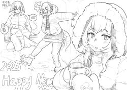 +++ 1girl 2025 alternate_costume arknights boots breath closed_mouth cup down_jacket feet full_body fur-trimmed_boots fur-trimmed_hood fur-trimmed_skirt fur_trim greyscale hand_in_pocket happy_new_year head_wings highres ho&#039;olheyak_(arknights) holding holding_boots holding_cup holding_footwear holding_unworn_clothes hood hooded_jacket interfax jacket long_hair long_sleeves looking_at_viewer mittens monochrome mug multiple_views new_year open_mouth pantyhose scarf simple_background skirt smile snake_tail snow spoken_blush tail tree unworn_boots upper_body white_background wings