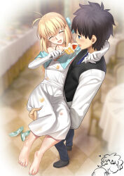 1boy 1girl absurdres artoria_caster_(fate) artoria_pendragon_(fate) barefoot besmiled blonde_hair blush cake cake_slice carrying carrying_person closed_eyes fate/grand_order fate_(series) feet food fujimaru_ritsuka_(male) highres long_hair open_mouth shoes toes unworn_shoes