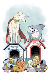 animal_collar animal_focus ball basketball_(object) bone bowl cape character_doll chicken_(food) closed_mouth collar commentary crossover dc_comics dog doghouse doll fish food gills gurihiru highres ice_cream_cone innertube jeff_(marvel) krypto_the_superdog marvel marvel_rivals no_humans open_mouth paw_print pet_bowl pizza pizza_slice red_cape rope rubber_duck shark signature smile stuffed_toy superman superman_(series) superman_logo swim_ring symbol-only_commentary teeth toy white_dog yellow_collar