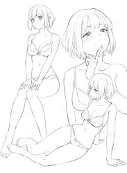 Rule 34 | 1girl, arm support, barefoot, blush, bow, bow bra, bra, breasts, cleavage, collarbone, finger to mouth, hands on own knees, lineart, medium breasts, monochrome, multiple views, navel, o3o, original, ryuuta (msxtr), short hair, sitting, underwear, underwear only