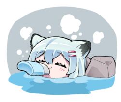 Rule 34 | 1girl, :t, = hair ornament, ^ ^, animal ear fluff, animal ears, blue archive, blush, chibi, chibi only, close-up, closed eyes, closed mouth, drinking, green hair, grey background, hair ornament, hairclip, happy, hip flask, lowres, medium hair, mouth hold, needle (574187457), no headwear, onsen, partially submerged, puff of air, shigure (blue archive), simple background, solo, weasel ears, weasel girl