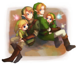 4boys blonde_hair blue_eyes colt-slowl earrings fairy gloves hat jewelry link male_focus multiple_boys multiple_persona navi nintendo pointy_ears smile super_smash_bros. the_legend_of_zelda the_legend_of_zelda:_ocarina_of_time the_legend_of_zelda:_the_wind_waker the_legend_of_zelda:_twilight_princess toon_link young_link