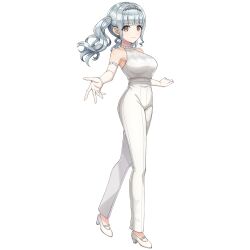 Rule 34 | 1girl, blunt bangs, breasts, brown eyes, dolphin wave, elbow gloves, gloves, grey hair, hair intakes, hairband, high-waist pants, high heels, highres, large breasts, long hair, looking at viewer, nagato mei, non-web source, official alternate costume, official art, ootomo takuji, panties, pants, reaching, reaching towards viewer, shirt, shirt tucked in, shoes, sidelocks, smile, solo, transparent background, twintails, underwear, wavy hair, white gloves, white panties, white shirt, white shoes