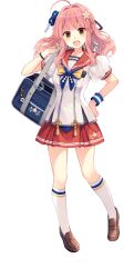 Rule 34 | 1girl, :d, ahoge, blue bag, blush, braid, brown eyes, brown shoes, charm (object), flower, full body, hair flower, hair intakes, hair ornament, highres, official art, onsen musume, open mouth, pink flower, pink hair, puffy short sleeves, puffy sleeves, red sailor collar, red skirt, sailor collar, shirt, shoes, short sleeves, simple background, skirt, smile, socks, solo, transparent background, white shirt, white socks, yashiro seika, yunogo misa