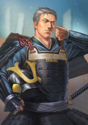1boy alternate_costume armor banner belt black_armor black_helmet blue_shirt blue_sky blurry blurry_background closed_mouth commentary_request cowboy_shot dou facial_hair finger_in_ear goatee grey_belt grey_eyes grey_hair hand_up helmet holding holding_helmet japanese_armor japanese_clothes kabuto_(helmet) katana kote kurokote kusazuri lips long_sleeves looking_ahead maimoto_keisuke male_focus mature_male nijisanji nobori one_eye_closed oyu_(b_47p) print_shirt samurai sheath sheathed shirt short_hair shoulder_armor side_part sky smile sode solo sword unmoving_pattern unworn_headwear unworn_helmet very_short_hair virtual_youtuber weapon