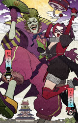 1boy 1girl absurdres architecture batman_(series) batman_ninja character_name cloud dc_comics domino_mask east_asian_architecture facial_hair folding_fan green_hair hand_fan harley_quinn highres japanese_clothes mask moon mustache purple_hair red_hair the_joker thighhighs twintails umum_yuyu