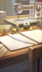 book chair commentary fate/grand_order fate_(series) indoors light_particles no_humans official_art open_book quill sakumamitsuro sewing_machine spiral_notebook spool still_life third-party_source