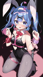 1girl absurdres animal_ears black_leotard blue_eyes blue_hair curvy fake_animal_ears hairband hatsune_miku highleg highleg_leotard highres kneeling leotard multicolored_hair open_mouth pantyhose pink_hair pink_pupils playboy_bunny rabbit_ears rabbit_hole_(vocaloid) timtim_(tim99292) twintails two-tone_hair vocaloid white_hairband wide_hips